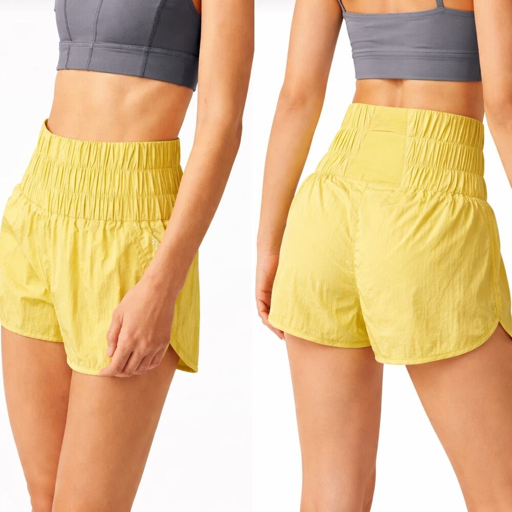 FP Movement The Way Home Yellow Smocked Run Shorts High Rise Women's Sm